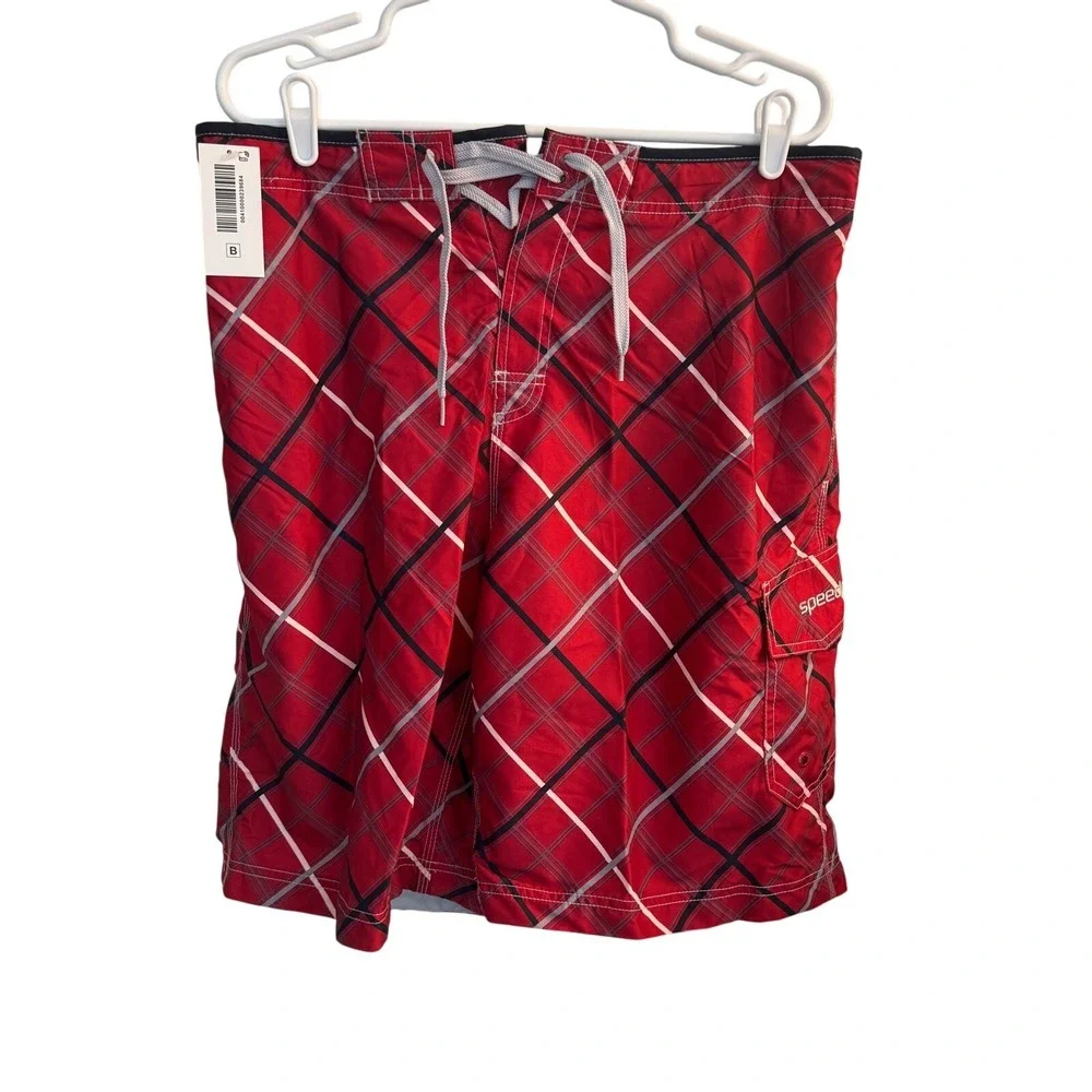 Speedo‎ Board Shorts Men Large Red Plaid Swim Trunks Cargo Pocket Mesh Lined